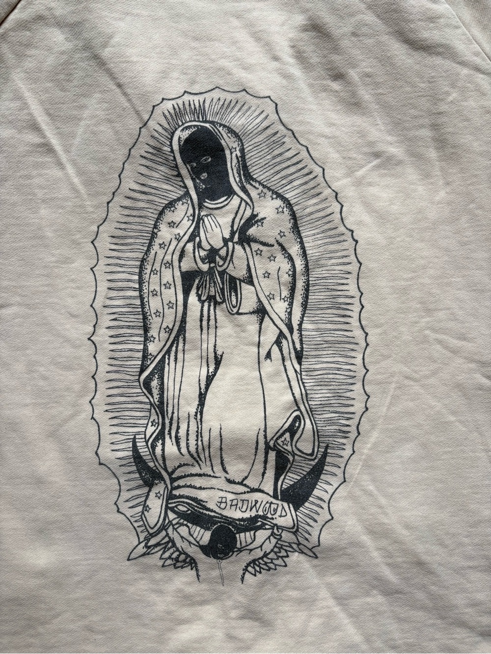 Badwood Women’s Small Graphic Zip Up Hoodie Cream Beige Streetwear Prayer Hands - Picture 10 of 11